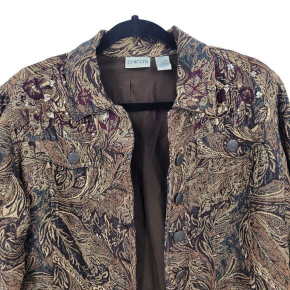 Vintage Wool Blend Trucker Jacket Blazer Shacket M Brown Gold Paisley Jacquard - Picture 6 of 10